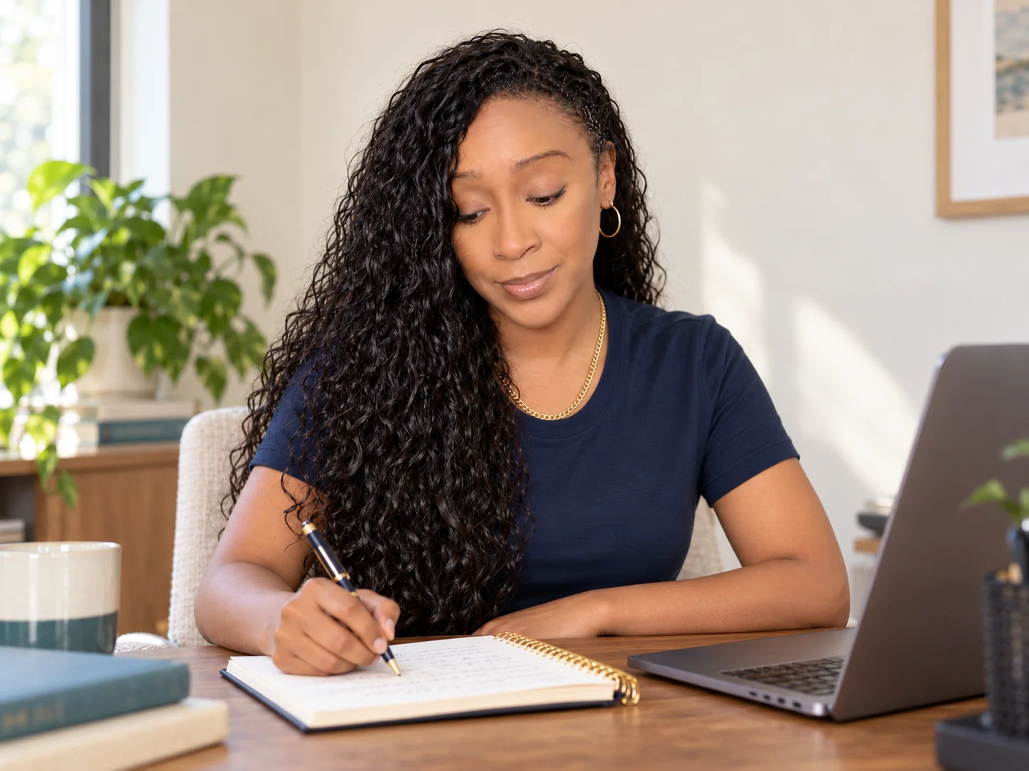 Shawn writing in a notebook at her desk